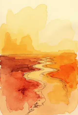 A watercolor desert landscape using wet-on-wet technique with orange, yellow, and red tones, featuring a winding river sketched in charcoal style.