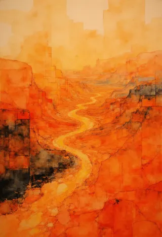 Watercolor painting of a desert landscape with a winding river in fiery orange, yellow, and black hues, rendered in a wet-on-wet style