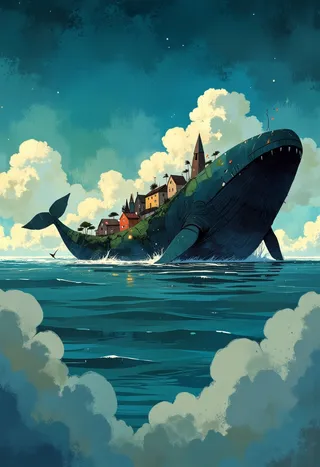 A majestic celestial whale swims through a vast ocean with a small village built on its back, lit by glowing lanterns under a dramatic sky with clouds.