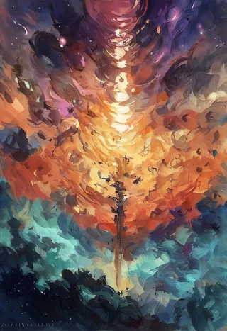 Oil and watercolor style painting depicting a long sinuous iridescent creature emitting flowing aurora ribbons and luminous glows, drifting across surreal cosmic space with magnetic field currents.