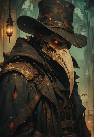A mysterious plague doctor wearing a tattered dark leather coat with metallic accents, featuring an aged bone-like beaked mask with red glowing eyes and a weathered top hat in a foggy, dimly lit gothic setting.