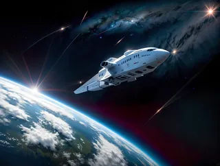 A white spaceship flying away from Earth at high speed, seen from the side with a cinematic space background featuring stars and galaxies in 4k resolution.
