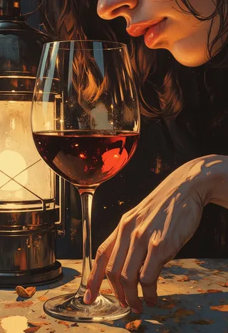 Close-up of slender hands gently touching a wine glass illuminated by warm lamplight, with a softly smiling face nearby in deep shadow.