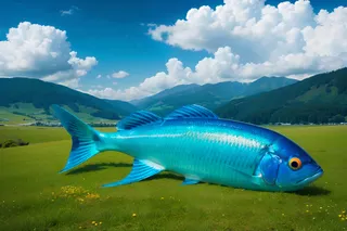 A large, glowing neon blue fish resting on a green grassy field with hills and a bright blue sky filled with fluffy white clouds in the background.