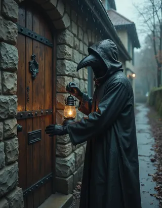 European medieval plague doctor wearing a bird-like beak mask and black raincoat knocking on a wooden door of a cobblestone northern European house, holding a glowing lantern in the rain.