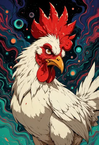 A cartoon-style angry chicken with red comb and wattles, white feathers, and an intense gaze, set against a vibrant psychedelic cosmic background.
