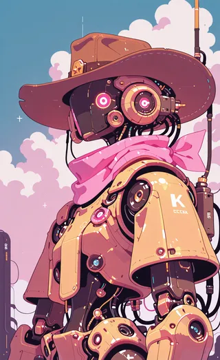 A humanoid robot wearing a brown cowboy hat and a pink scarf, set against a blue sky with pink and white clouds, illustrated in flat vector style.