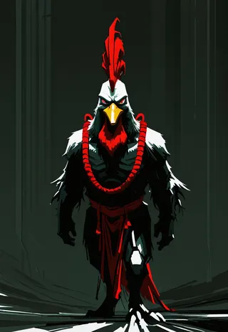 Digital art of an angry rooster standing boldly with red and black feathers, styled as a cartoon character in a dramatic flat design.