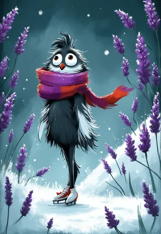 Whimsical black and white penguin with large expressive eyes wearing a colorful rainbow scarf, ice skating surrounded by purple lavender flowers dusted with snow in a frosty digital painting style.