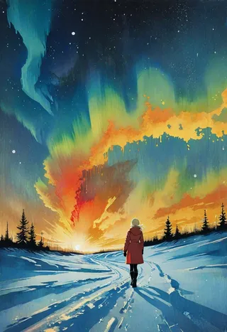 A woman in a red coat walks alone along a snow-covered path under a colorful northern lights sky with dramatic orange and blue hues during sunset.