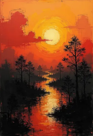 Sunset landscape blending Bauhaus art and charcoal drawing style, showing a winding river reflecting deep reds and yellows under a glowing sun with silhouetted trees.