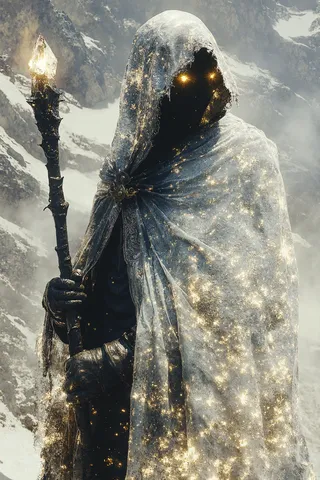 A solitary cloaked figure with glowing amber eyes, holding a staff topped with a glowing crystal, standing in a desolate snowy mountain pass with jagged peaks and stormy sky.