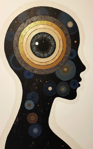 Abstract silhouette portrait showing a multilayered composition with a large ultra realistic eye surrounded by gold and circular textured shapes in an Art Nouveau and neo-cubism style.