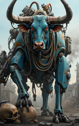 A hyper-detailed blue mechanical bull with cables, tubes, and robotic limbs, holding a bulky weapon, one foot resting on human skulls amid ruins and smoke.