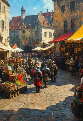 Vibrant medieval city square filled with a lively market crowd and knights patrolling in armor, painted in the style of Andreas Achenbach and Monet.