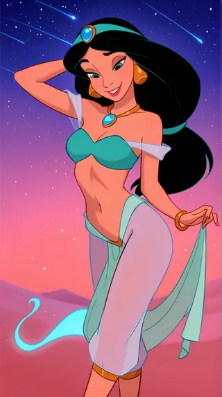 Disney animation style image of Princess Jasmine smiling playfully in a belly dancer outfit with a starry sky and desert background.