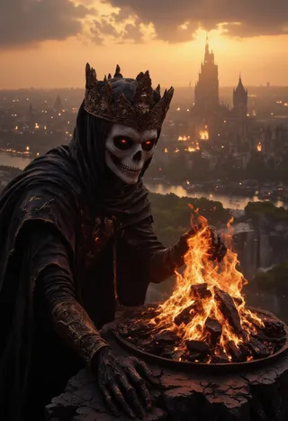Photorealistic closeup of a skeletal figure wearing a dark crown and cloak, tending a blazing bonfire on a cliff at sunset overlooking an ancient city with gothic towers.