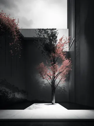 A dramatic cinematic scene featuring a tree with pink blossoms transitioning from monochrome shadows to vibrant color, set against an urban architectural background with strong contrasts.