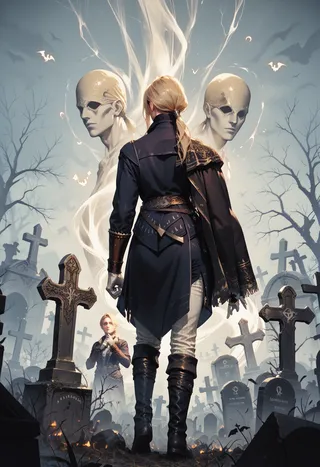 A blonde-haired woman with a ponytail in dark clothing stands in a graveyard surrounded by tombstones, with ethereal spirits and ghostly statues rising behind her.