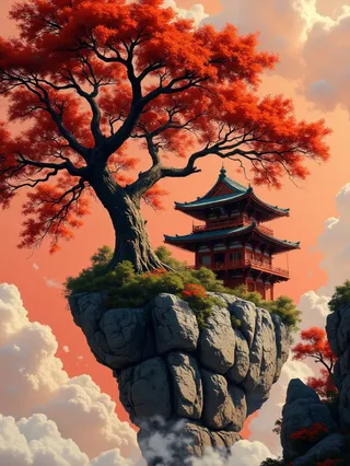 A traditional Japanese temple with an ornate blue roof perched on a rocky island, surrounded by a vibrant red maple tree under a gradient crimson sky with soft clouds.