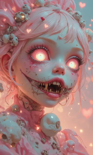 Close-up digital artwork of a creepy doll-like figure with pastel pink hair adorned with skulls, glowing large eyes, stitched lips with sharp teeth, and a surreal atmosphere.