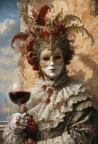 Person wearing an ornate Venetian mask with gilt edges and red feathers, dressed in a richly detailed Baroque outfit, holding a crystal goblet filled with red wine, set against a backdrop showing a fantasy medieval castle and a dragon in the sky.