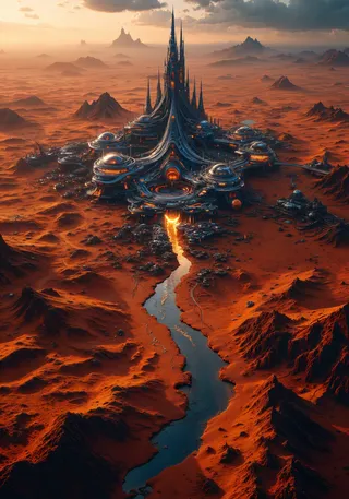 A sweeping aerial view of a futuristic desert metropolis with towering bio-engineered structures featuring reflective glass and organic curves, set amidst sand dunes and ancient ruins with a winding geothermal channel.