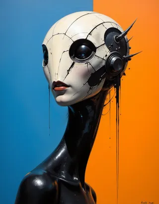 A surreal portrait of a cybernetic creature with a cracked, white mechanical mask oozing black liquid, set against a split blue and orange background, featuring a shiny black elongated neck.