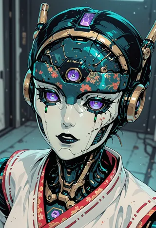 A cyberpunk-inspired android geisha with a white ceramic face, intricate mechanical details, purple lens eyes, and traditional Japanese floral clothing.