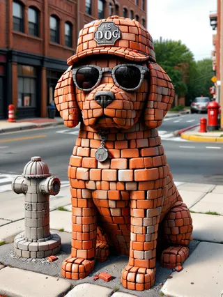Brick-style ais-brickz dog sculpture with hat and sunglasses sitting next to a brick fire hydrant on a city sidewalk.