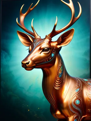 A delicate copper deer sculpture with iridescent and translucent golden accents, glowing ethereally against a soft blue-green background.