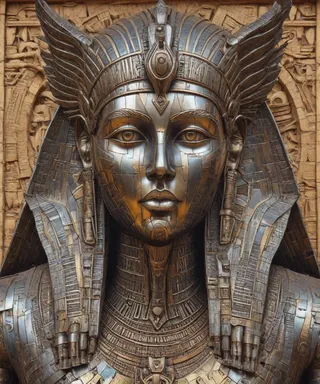 Highly detailed metallic sculpture of a liquid metal sphinx with robotic elements, styled as an ancient Egyptian god, set against an intricate Victorian rubble background.