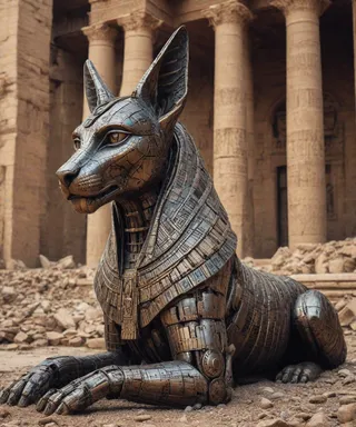 Photorealistic metallic robotic sphinx statue resembling Anubis, set amidst rubble with ancient Egyptian columns in the background.