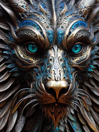 Close-up of a dragon bear face with metallic filigree fractal details, glowing blue eyes, shiny ornate scales, and intricate patterns under dramatic cinematic lighting.