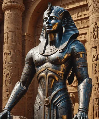 Photorealistic liquid metal robotic statue of Anubis standing amid ancient Egyptian hieroglyphic columns in a Victorian architectural setting, captured in ultra-high detail.