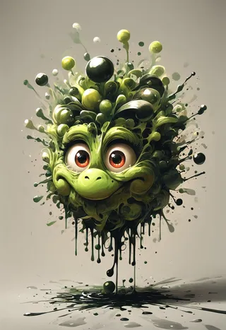 A cute green alien face made of dripping and splattered ink blobs with big googly eyes set against a neutral background.