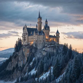 A historic German castle with stone walls and tall towers atop a rocky mountain surrounded by a dense pine forest covered in snow, under a cloudy sky with fog in the background.
