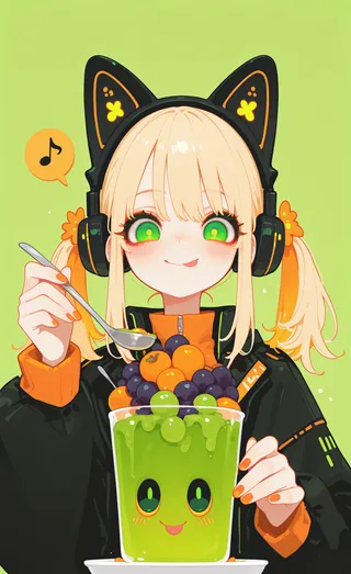 Anime-style blonde girl wearing cat ear headphones, holding a spoon near a green fruit dessert topped with grapes and oranges, smiling with bright green eyes.