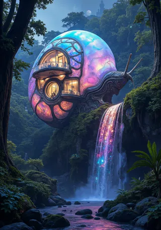 A surreal house built onto a gigantic, glowing snail shell in a twilight forest, featuring glass walls and a vibrant, iridescent waterfall cascading nearby.