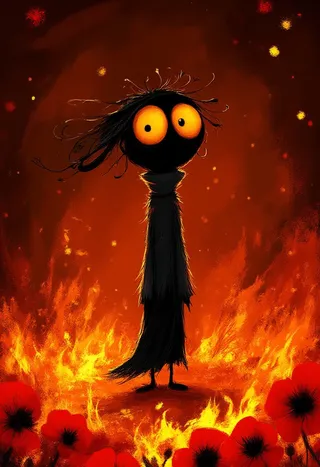 A lanky whimsical figure with enormous glowing amber eyes stands amidst swirling flames and embers, wearing a tattered black coat, surrounded by fire-blooming red poppies on a dark crimson background.