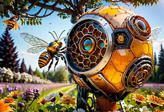A futuristic mechanical bee hive shaped as a spherical structure with honeycomb patterns and metallic details hanging on a tree, with a robot bee flying nearby over a colorful flower meadow under a clear sky.
