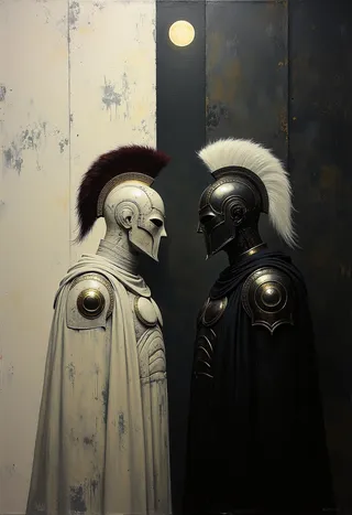 Dramatic painting of two warriors facing each other, one in white and red-crested armor symbolizing Hector, the other in black and white-crested armor symbolizing Achilles, set against a three-part monochromatic backdrop with a glowing moon above.