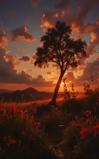 Sunset with a silhouette of a lone tree against a sky glowing with warm golden hour colors, orange and pink clouds, and wildflowers in the foreground.