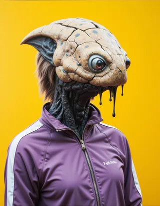 Portrait of a creature wearing a sporty purple tracksuit, with a cracked, textured mask oozing black liquid against a bright yellow background.