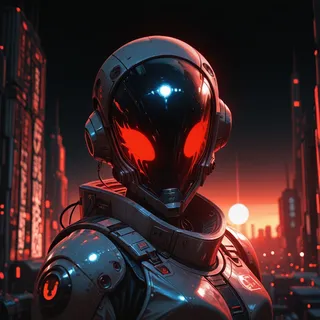 A cyborg wearing a glossy, white and black spacesuit with a high-tech helmet featuring glowing red eyes, standing against a futuristic cityscape at sunset with red and orange hues.