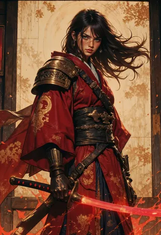 Realistic samurai girl wearing a red kimono with intricate gold shoulder armor, holding a katana glowing with red energy, her hair flowing in the wind inside a dojo.
