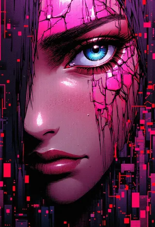 Close-up cyberpunk portrait of a woman with a cracked liquid chrome mask and an electric blue eye, set against a glitching digital cityscape with neon pink and violet highlights.