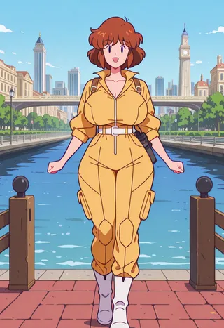 Anime style flat vector illustration of April O'Neil wearing a yellow jumpsuit and white boots, standing on a riverside promenade with a cityscape and bridge in the background.