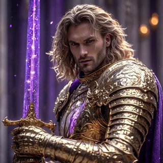 Close-up of a knight with beautiful flowing blond hair, wearing intricately detailed gold armor, holding a glowing purple sword, with a heavenly background.
