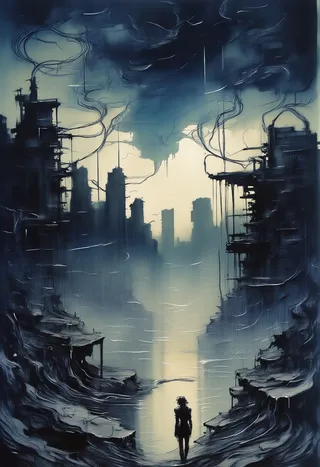 Dark futuristic cityscape in Moebius style featuring a lone cyborg figure standing in a light beam surrounded by towering, shadowy buildings and tangled wires.